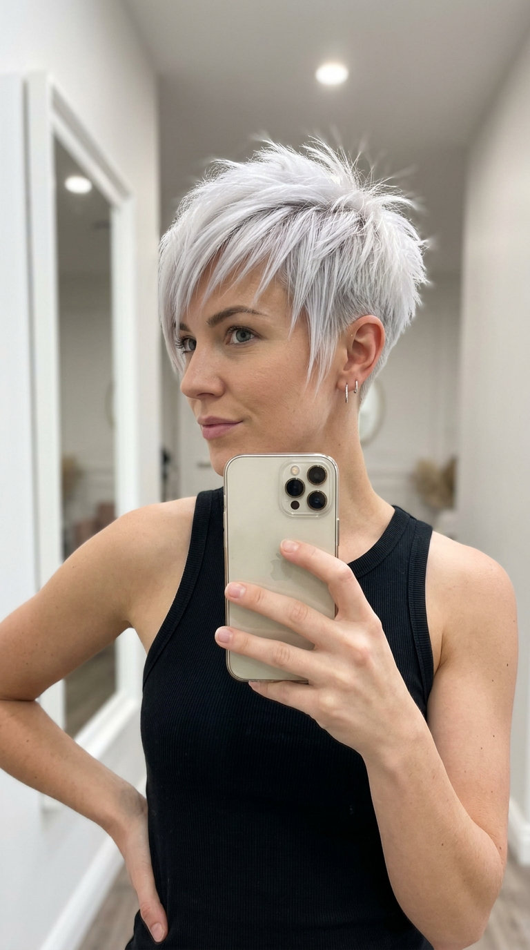 very short pixie haircut with Arctic White blonde, razored texture, side-swept fringe — edgy weekend look