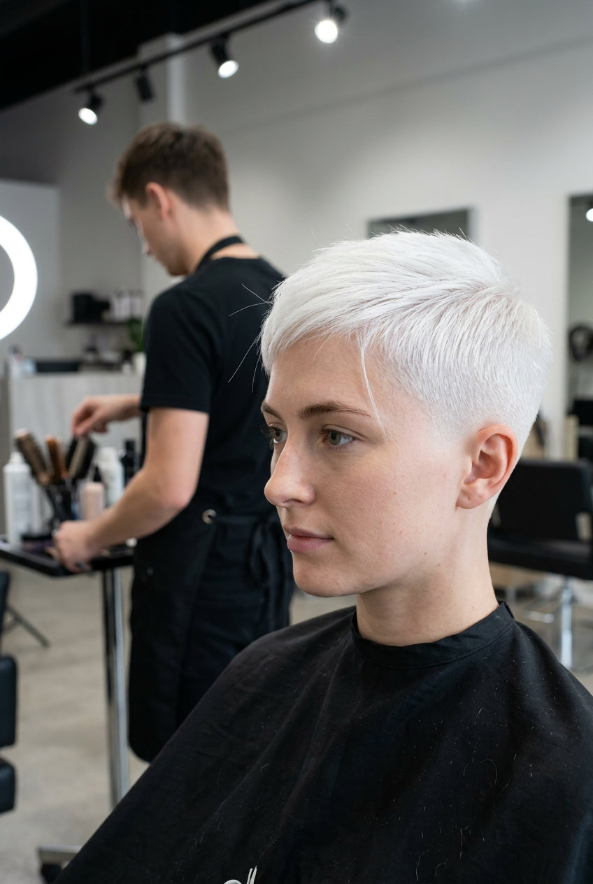 very short icy blonde pixie cut with uniform fade, textured top — edgy minimalist style