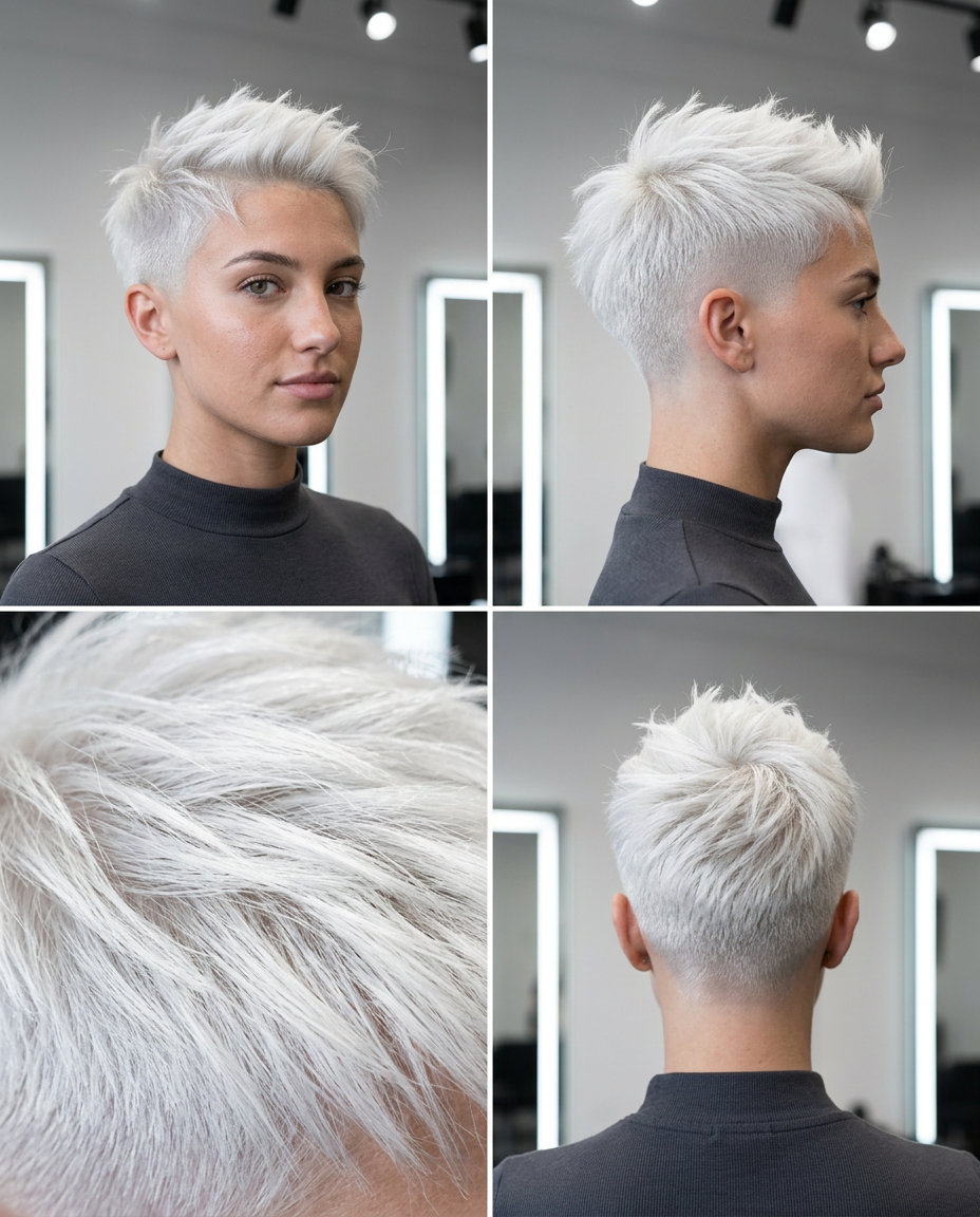 very short icy blonde undercut with spiky top, skin fade — edgy festival style