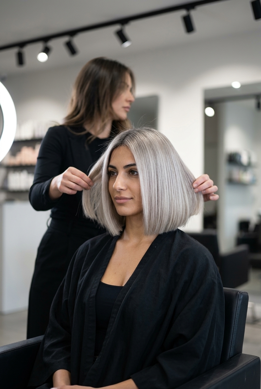 jaw-length ash blonde blunt bob with platinum undertones and charcoal root for sophisticated chic