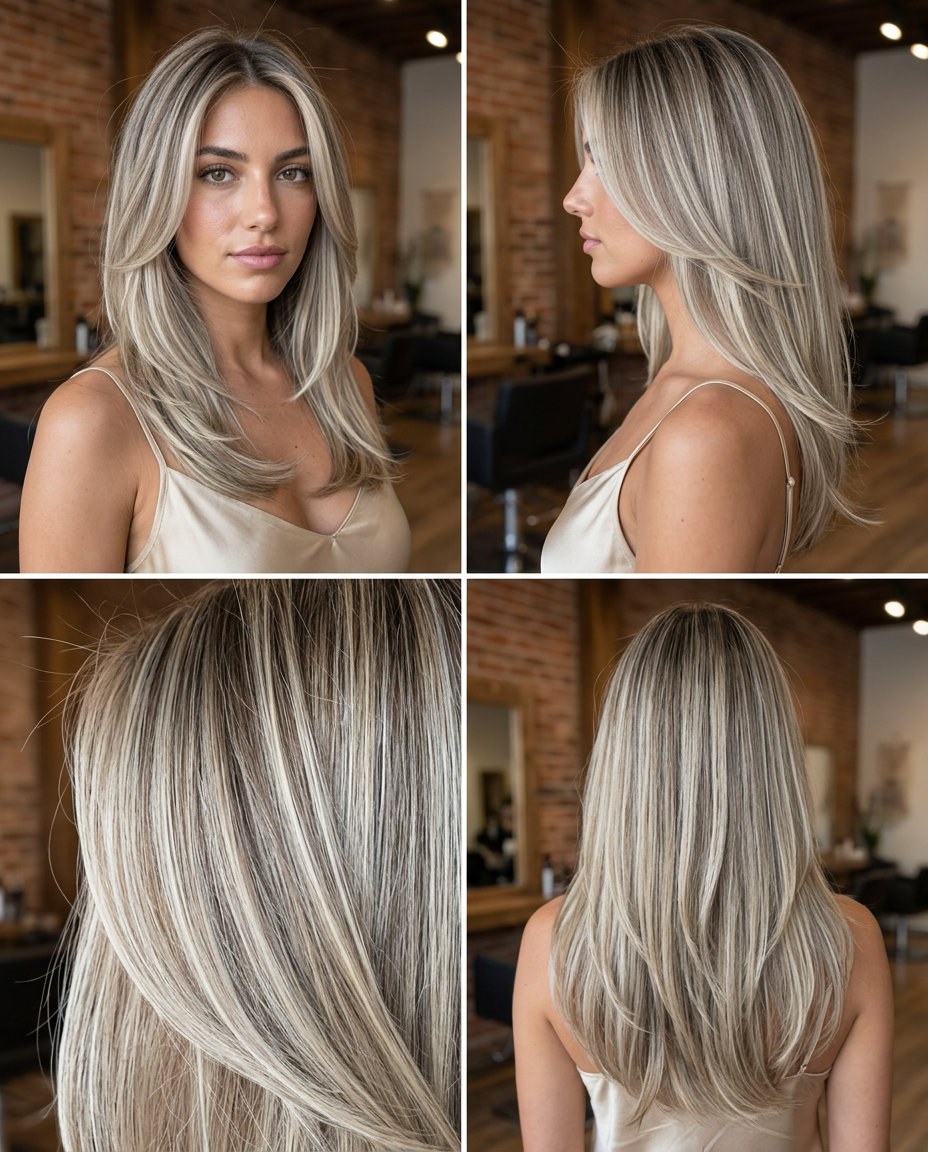 long ash blonde balayage with seamless layers and face-framing pieces for formal events
