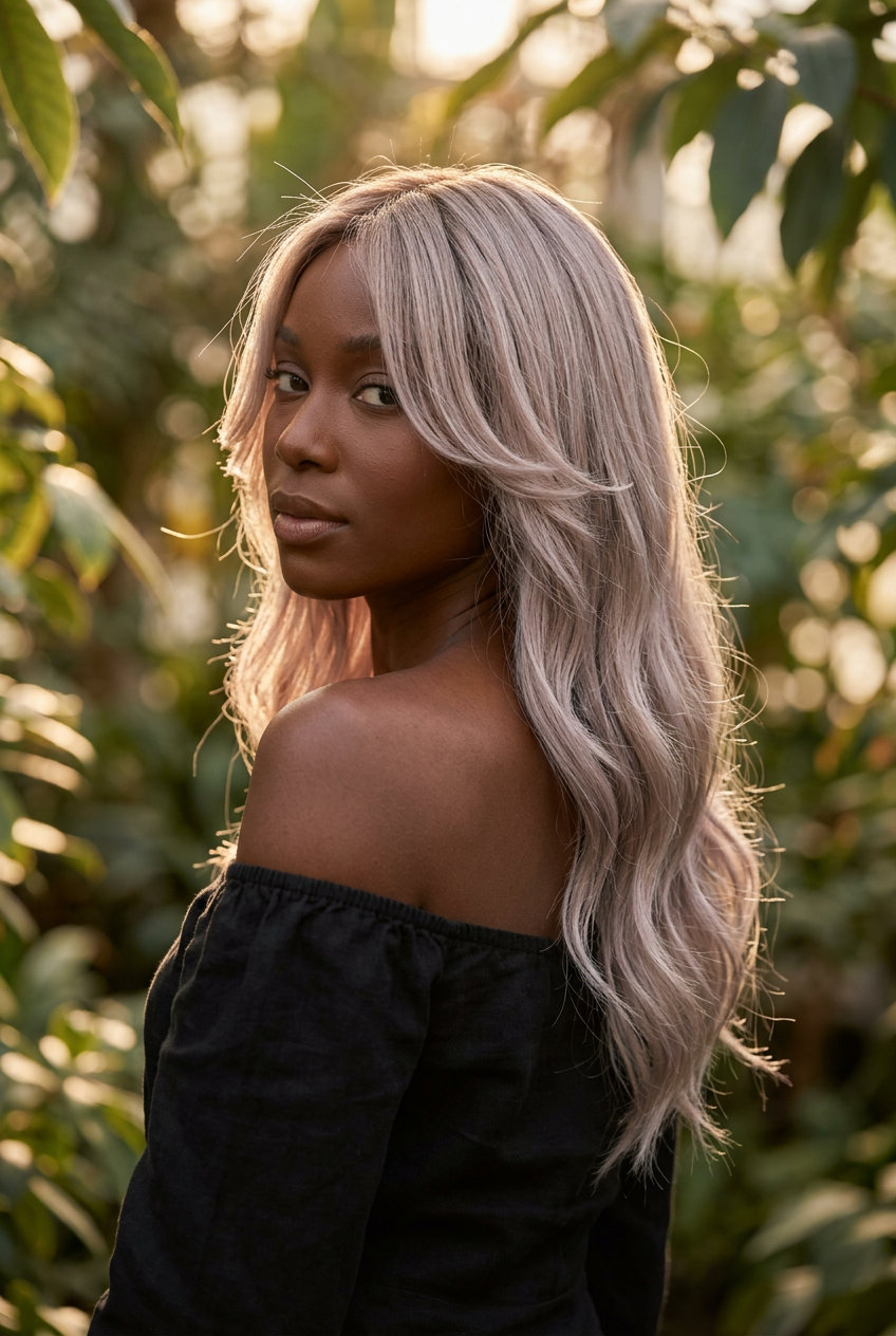 Ash Blonde Textured Long Hair 2026 long textured haircut in cool ash blonde with violet toner, face-framing layers — soft, ethereal