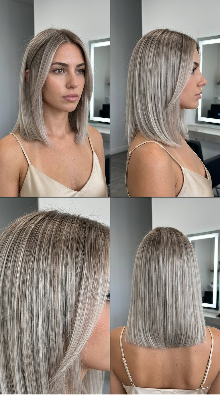 Ash Blonde Power Collarbone Cut 2026 medium collarbone cut in cool ash blonde with ash brown root smudge, laser-cut blunt perimeter, sharp center part — professional chic