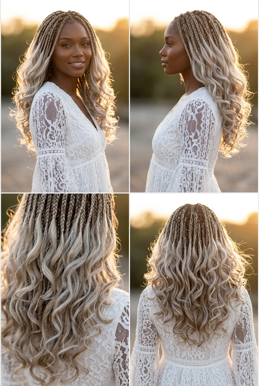 medium knotless braids hairstyle in ash blonde, platinum babylights, curly ends — romantic ethereal
