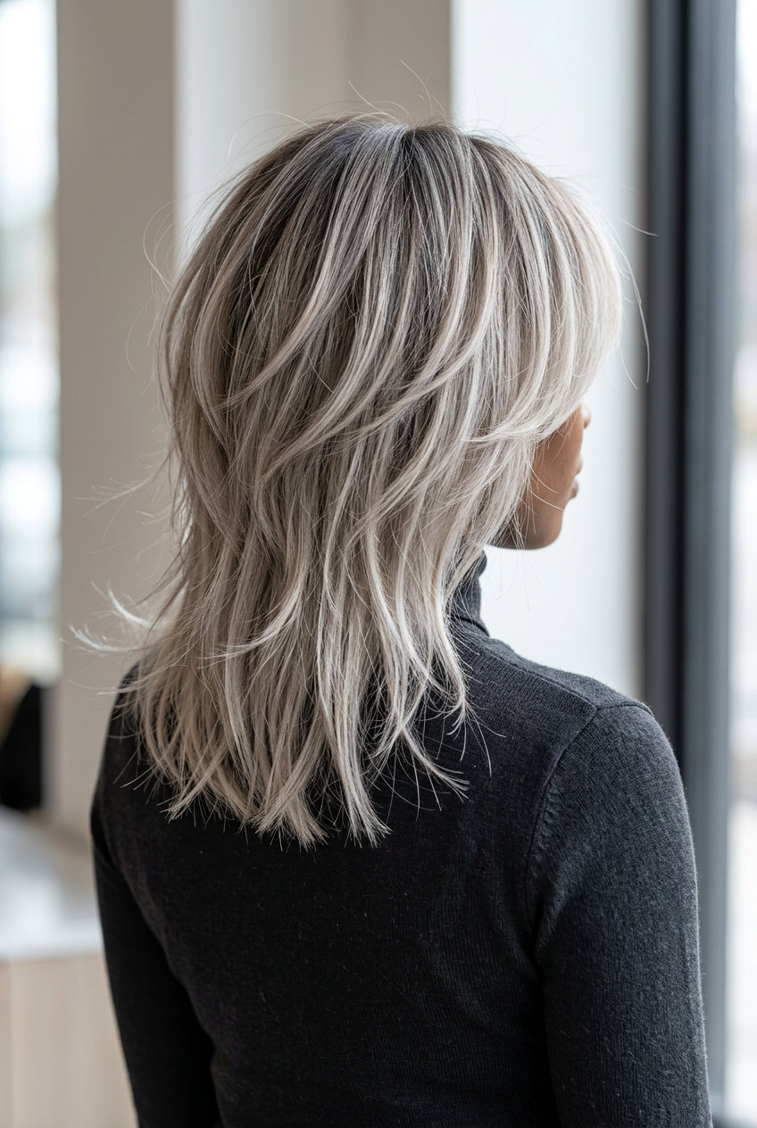 mid-length ash blonde shag with silver balayage and charcoal root for ethereal romance
