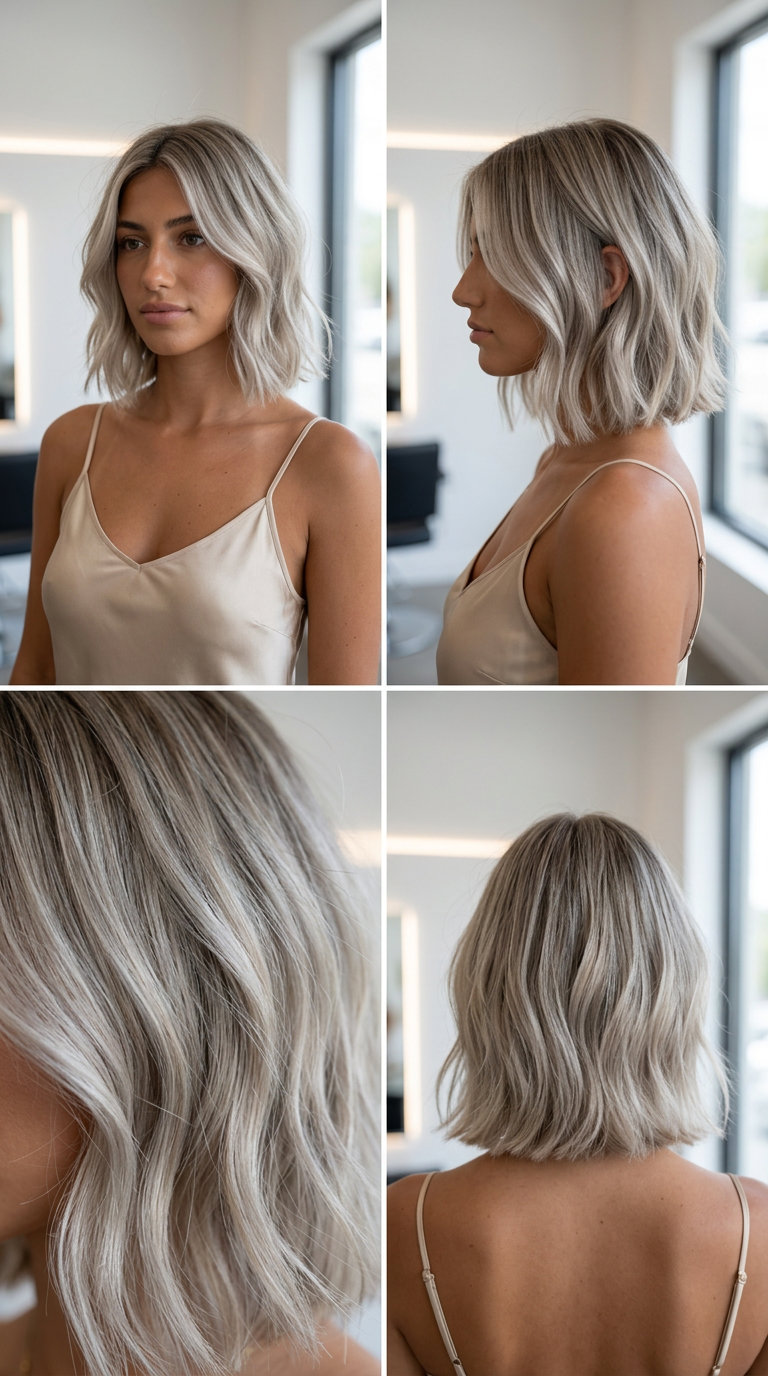 short wavy bob haircut with ash blonde, babylights — minimalist professional style