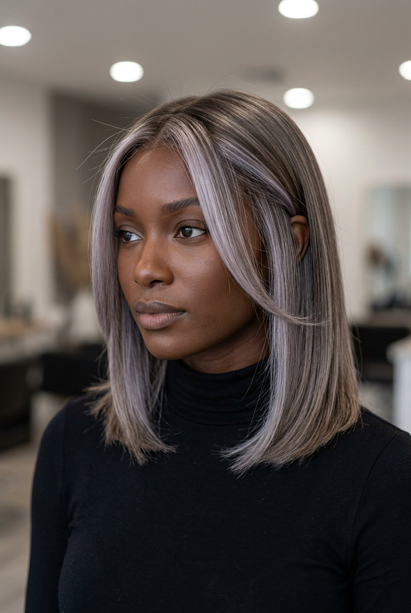 Ash Blonde Money Piece 2026 short ash blonde money piece with silver tones, fine weave — edgy minimalist style