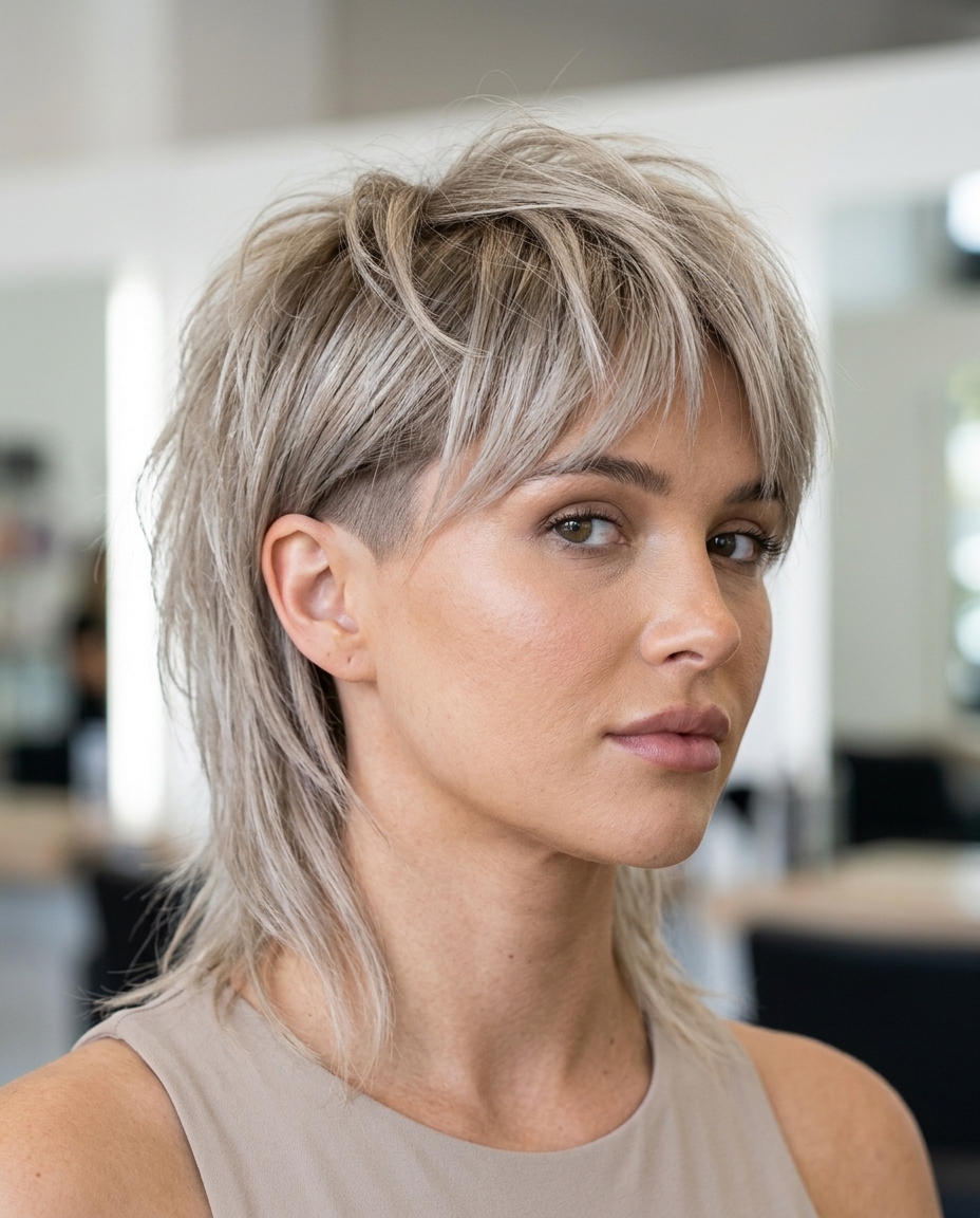 short ash blonde undercut mullet with razored texture and micro-fringe