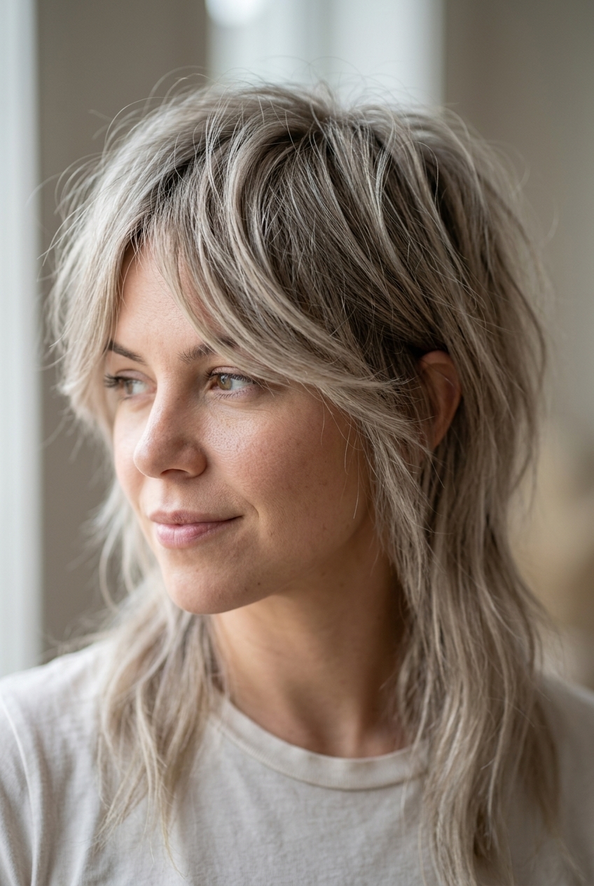 shoulder-length ash blonde mullet with choppy layers and face-framing pieces