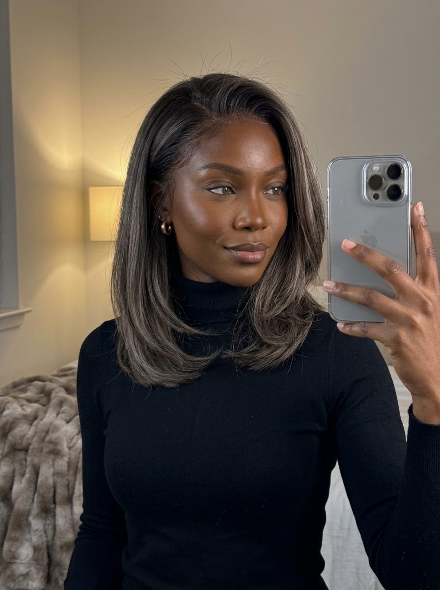long ash brown reverse balayage hair color with cool taupe lowlights, seamless blend, no fringe — dimensional sophisticated