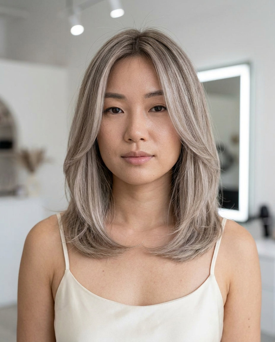 shoulder-length layered icy blonde with ash brown lowlights, foilyage, no fringe — effortless french chic