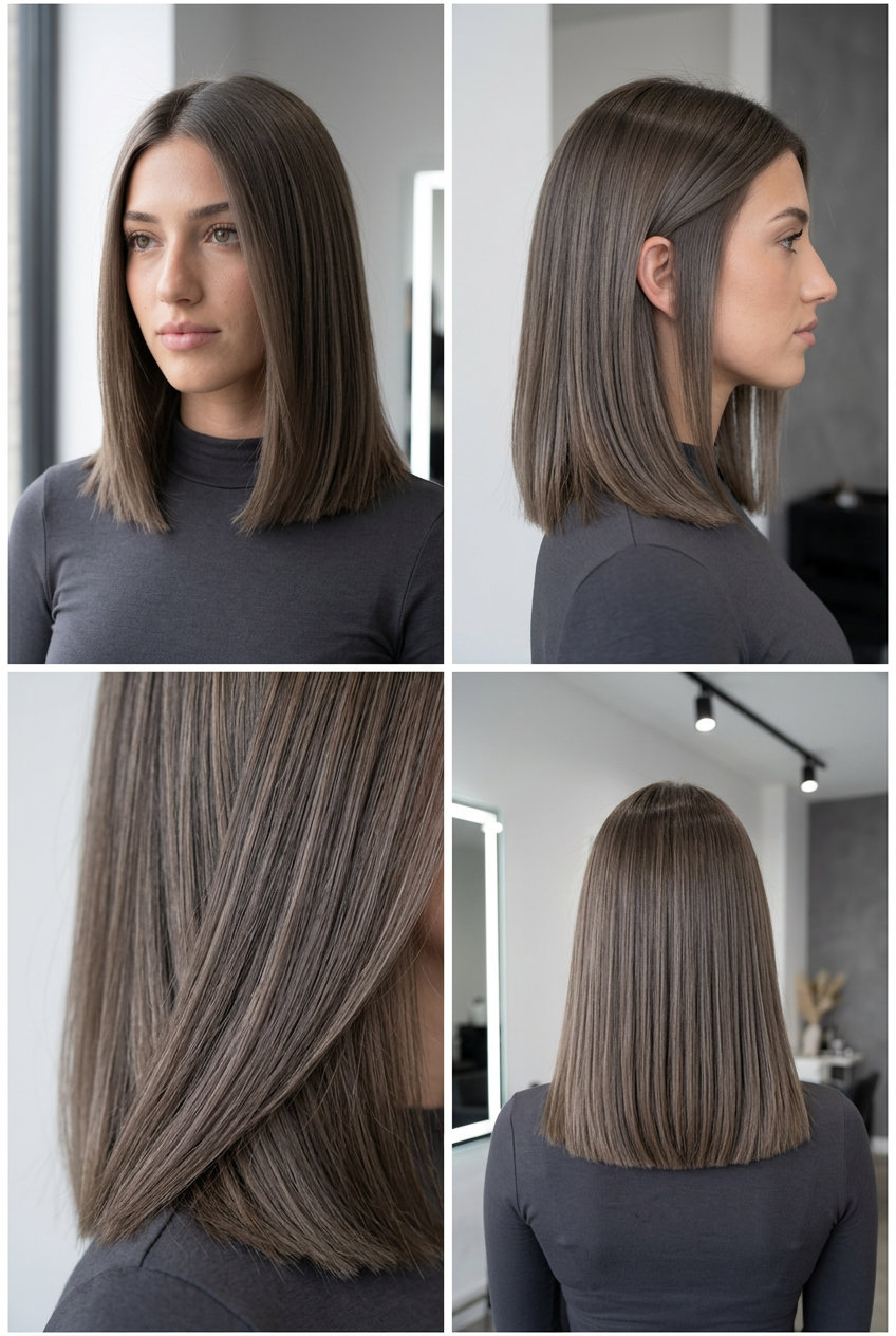 Modern Ash Brown Collarbone Cut 2026 medium collarbone cut in cool ash brown with charcoal undertones, blunt cut, no fringe — edgy professional