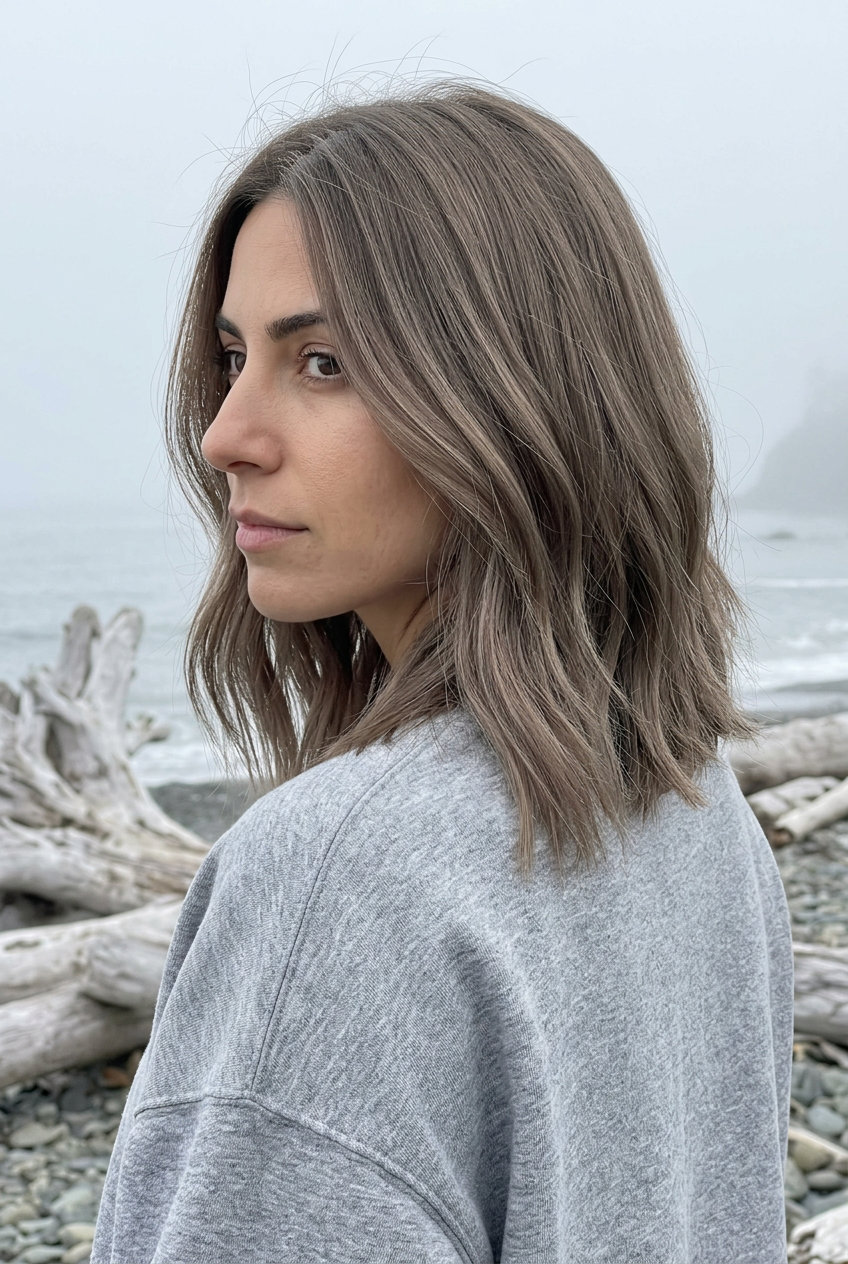 Ash Brown Collarbone Lob 2026 medium collarbone cut in cool ash brown with taupe melt, internal layers for work