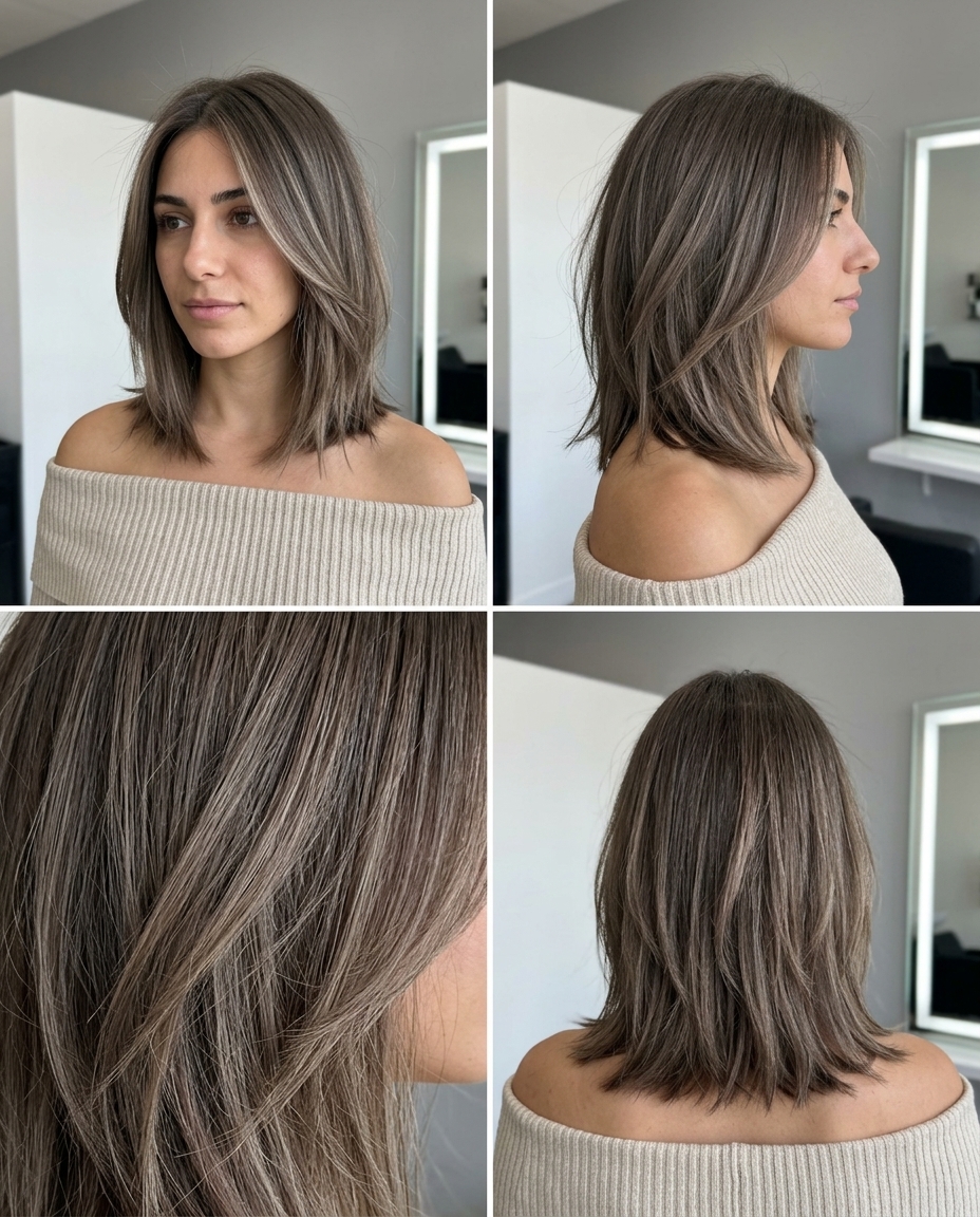 medium lob haircut with ash brown, cool beige babylights for weekend wear