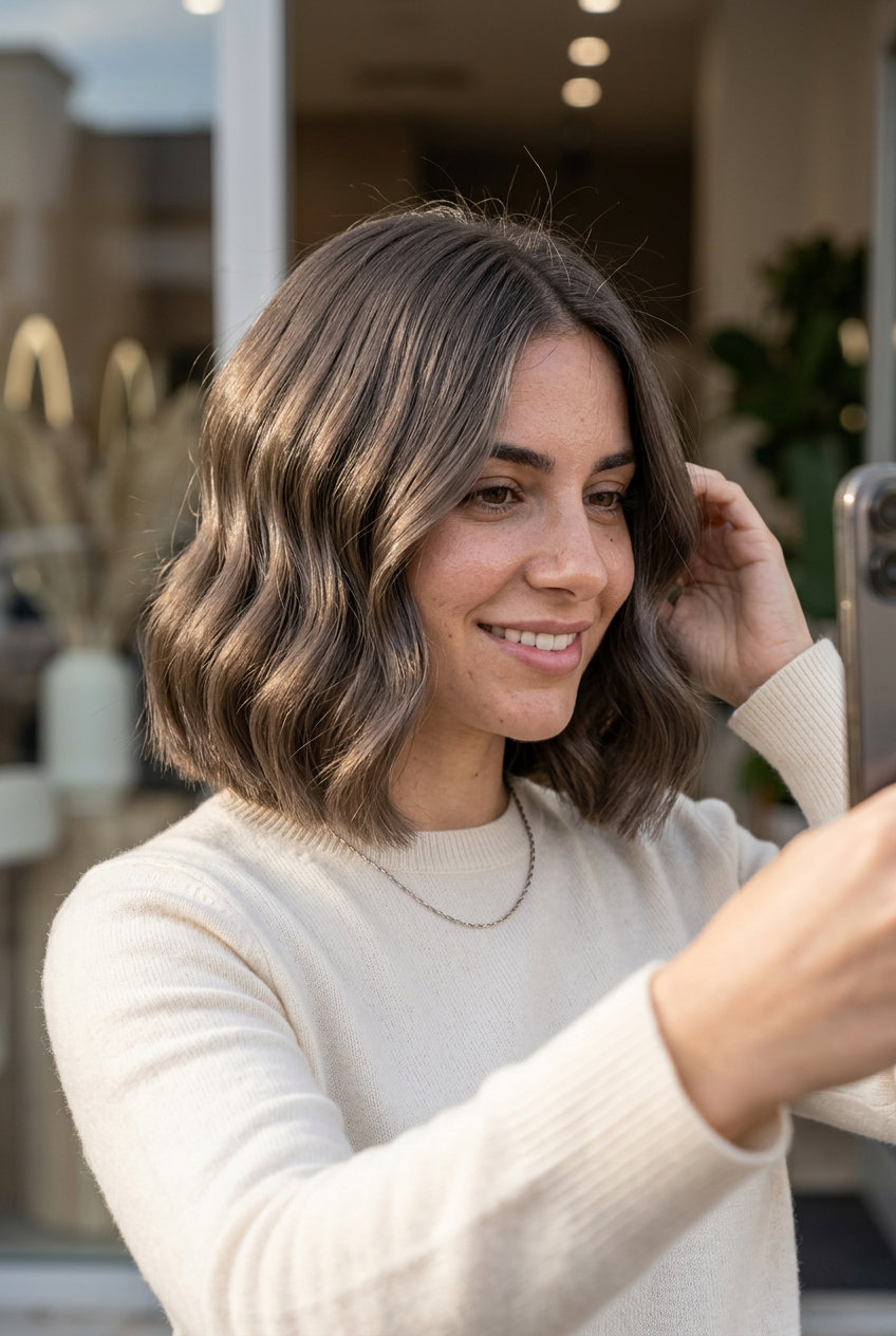 short wavy bob haircut with ash brown color, precision cut for professionals