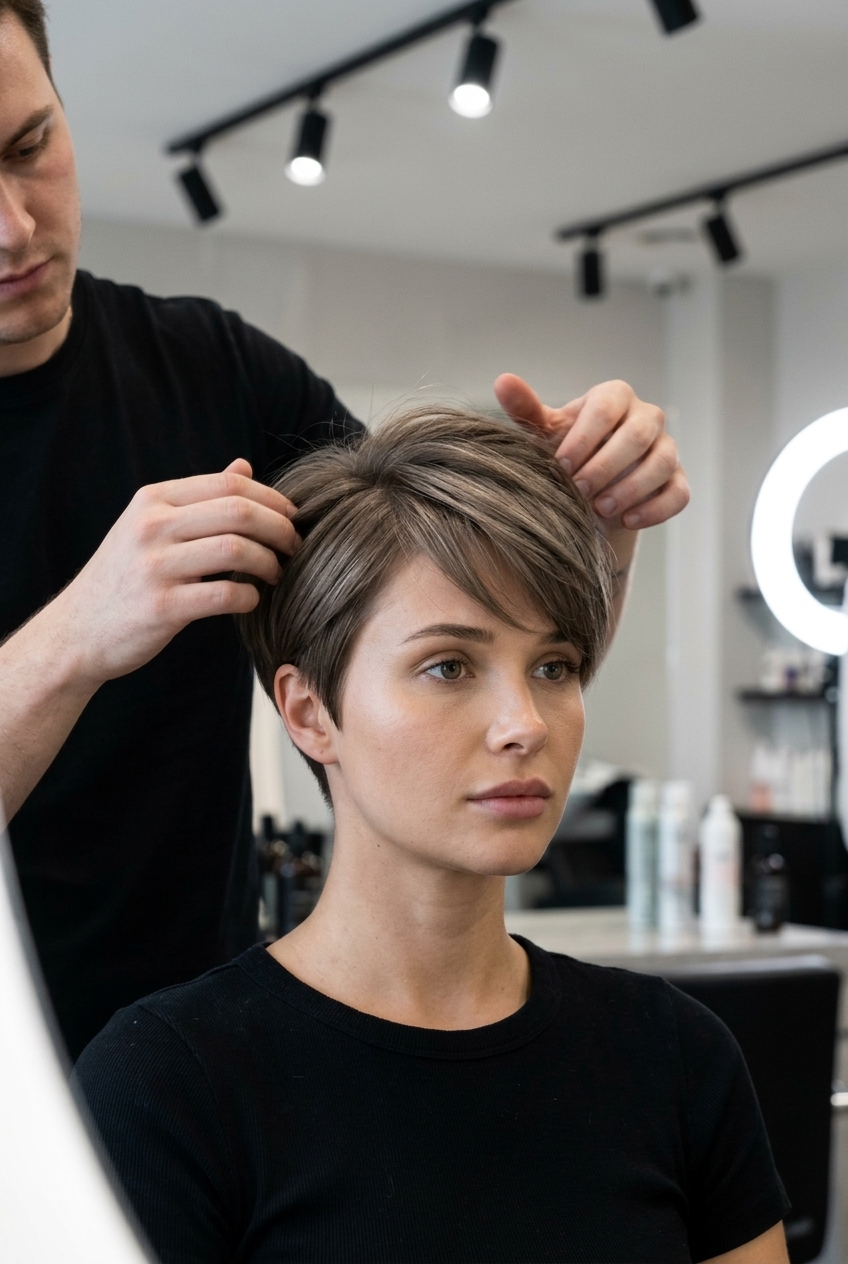 Sculpted Ash Brown Crop 2026 short sculpted crop haircut in natural ash brown with tapered sides and piecey fringe for round face