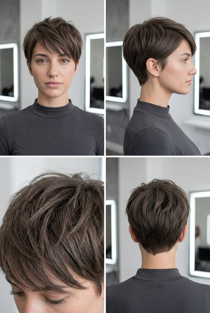 Indie Summer Crop 2026: Short & Cool short pixie crop with choppy layers and longer fringe in natural cool-toned ash brown for daily wear
