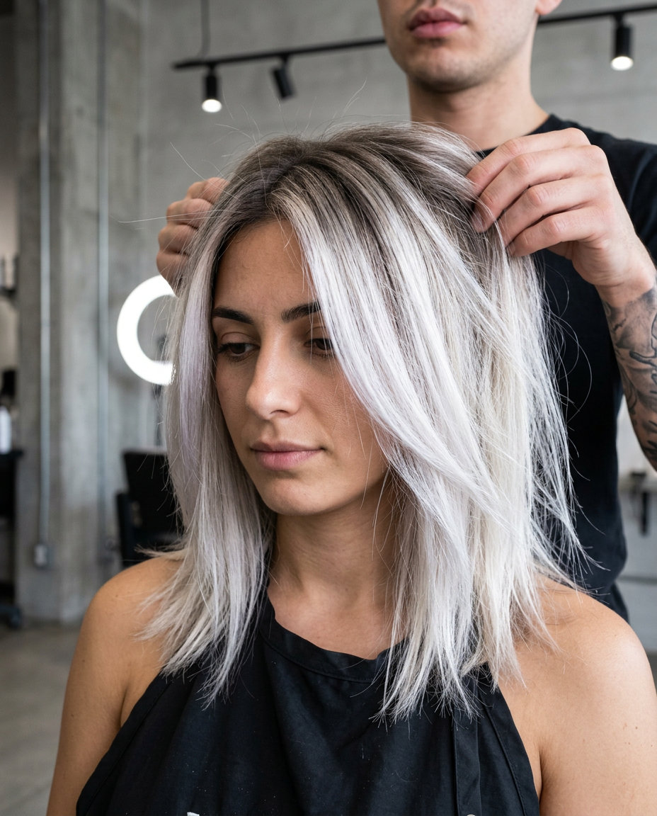 long textured shag platinum blonde color melt with ash root and icy ends for summer