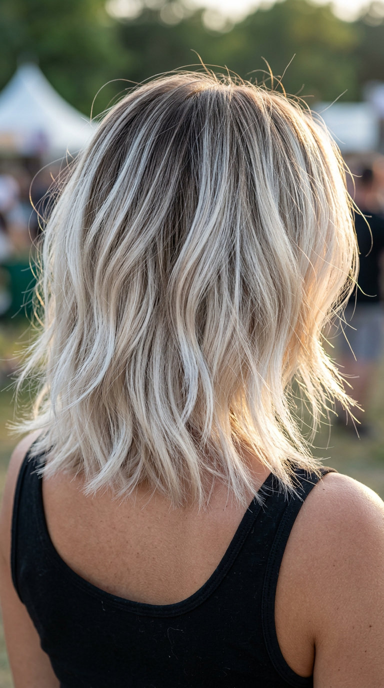 shoulder-length layered icy blonde with ash root to platinum balayage, balayage, no fringe — effortless boho