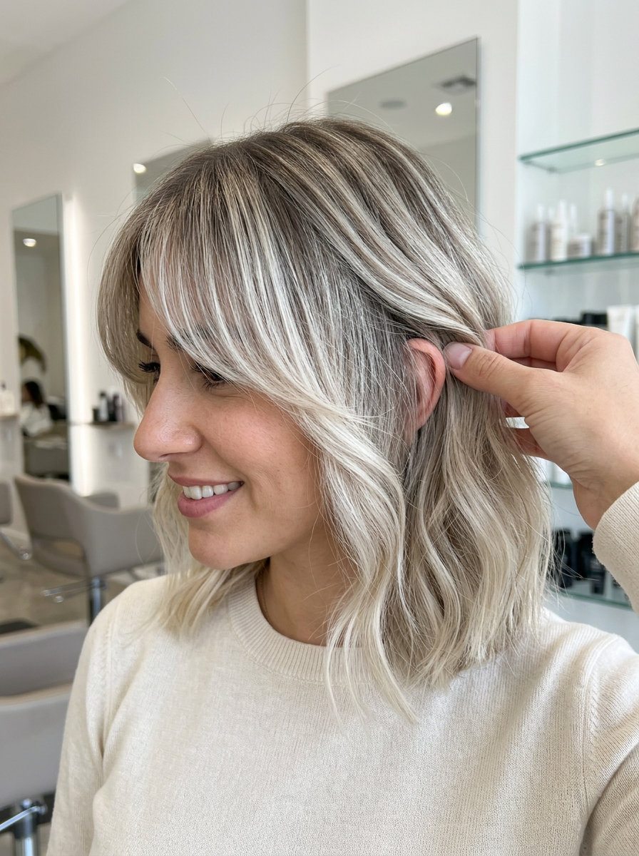 shoulder-length icy blonde lob with cool ash root, bright face-frame, wispy bangs — effortless chic