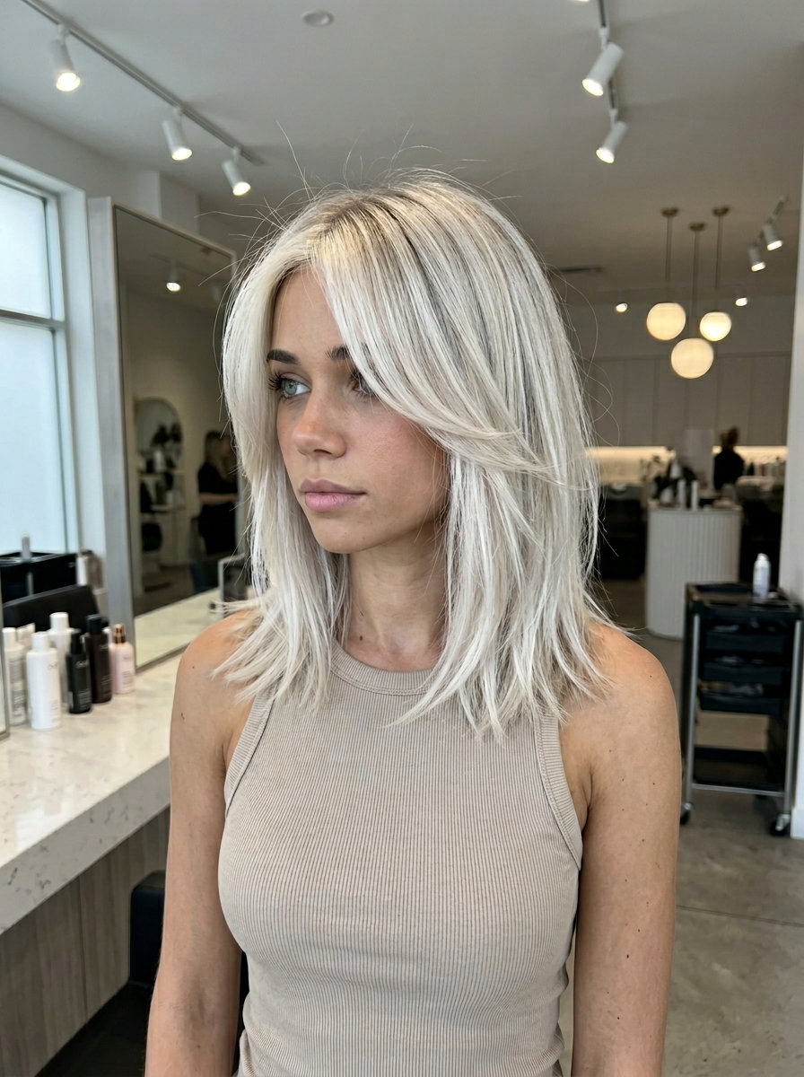 shoulder-length icy blonde lob with cool ash root smudge, pearlescent lengths, curtain bangs — modern office chic