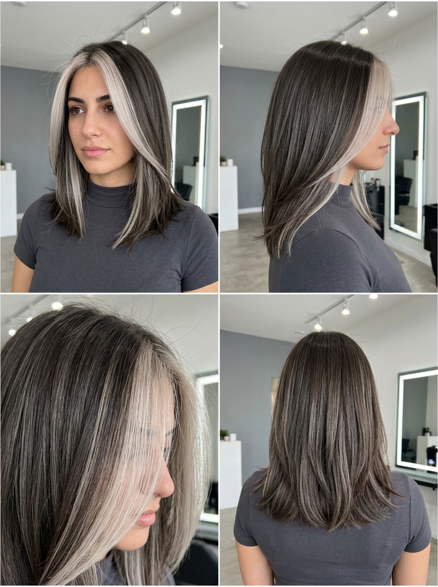 long ashy money piece hair color with deep ash brown, platinum-ash brown face-frame for bold edge
