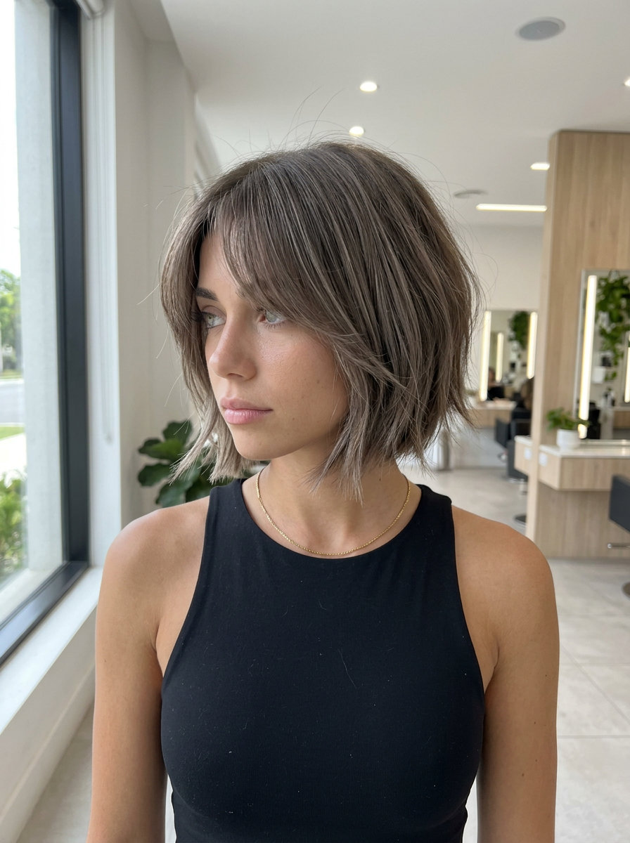 Edgy Ashy Mushroom French Bob 2026 short french bob haircut in ashy mushroom brown with cool babylights, razored texture, eye-grazing fringe — edgy modern