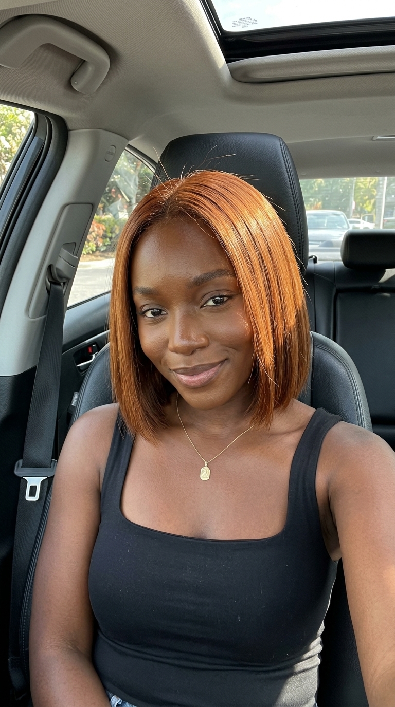 chin-length auburn blunt bob with copper-gold highlights and point-cut ends for effortless look