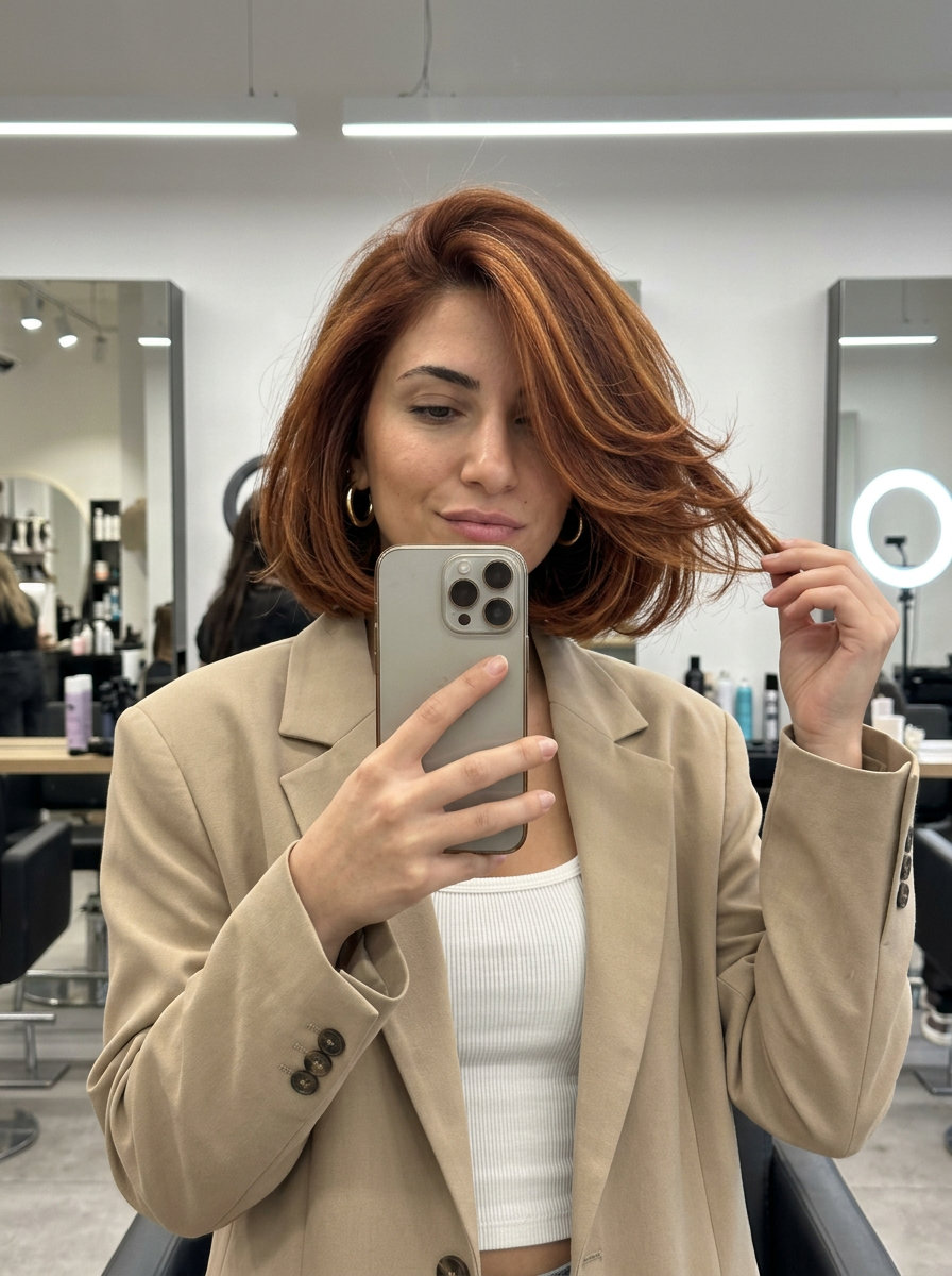chin-length Italian bob haircut with rich auburn copper highlights, internal layering, no bangs — bold vibrant chic