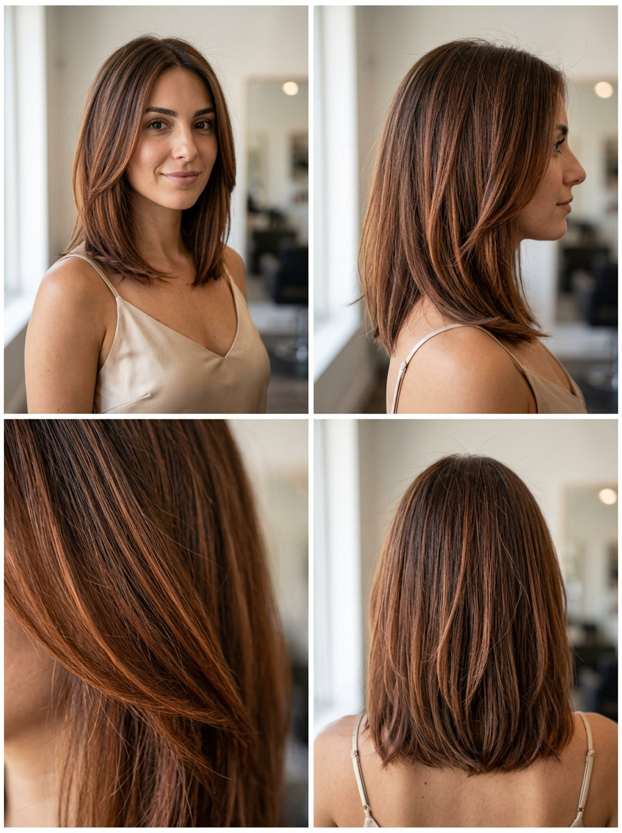 long auburn foilayage with copper-gold highlights on brown, textured layers for effortless chic