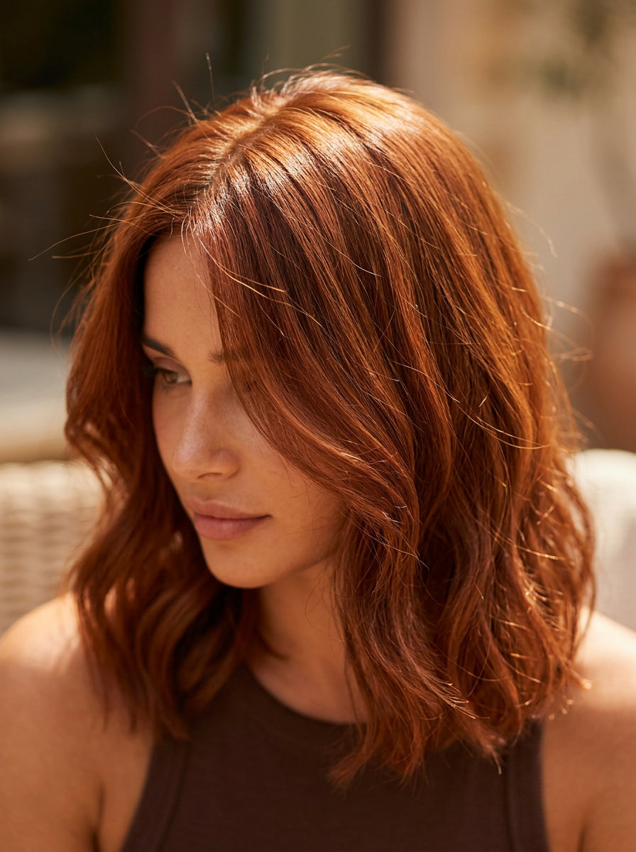 long sun-drenched auburn lob with copper undertones, textured layers for contemporary casual