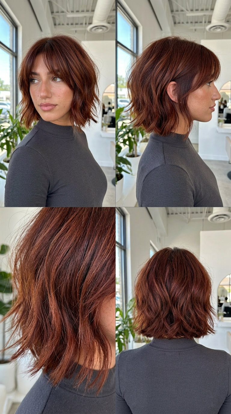 short shaggy bob haircut with deep auburn, curtain bangs — bohemian festival style
