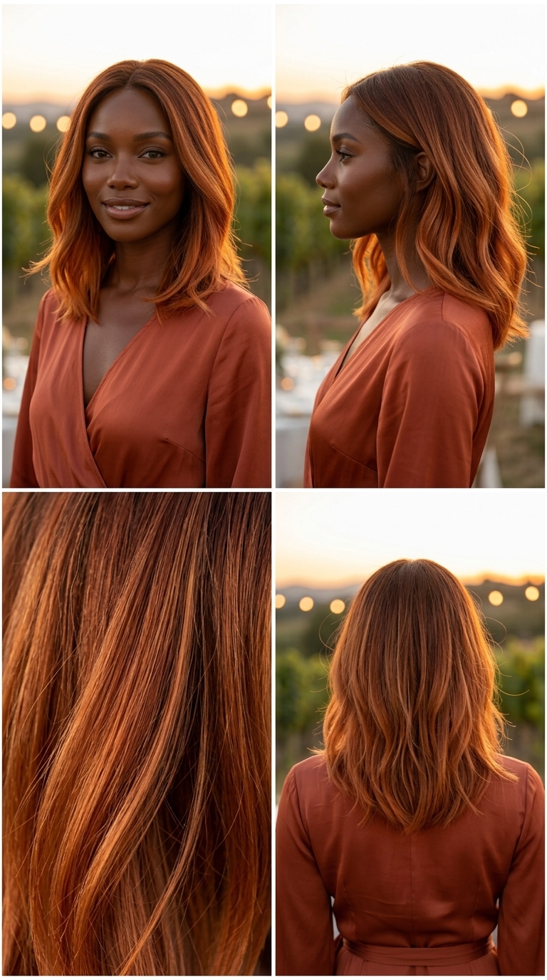 Sunset Auburn Lob Haircut 2026 shoulder-length auburn ombré lob with copper penny ends for summer 2026