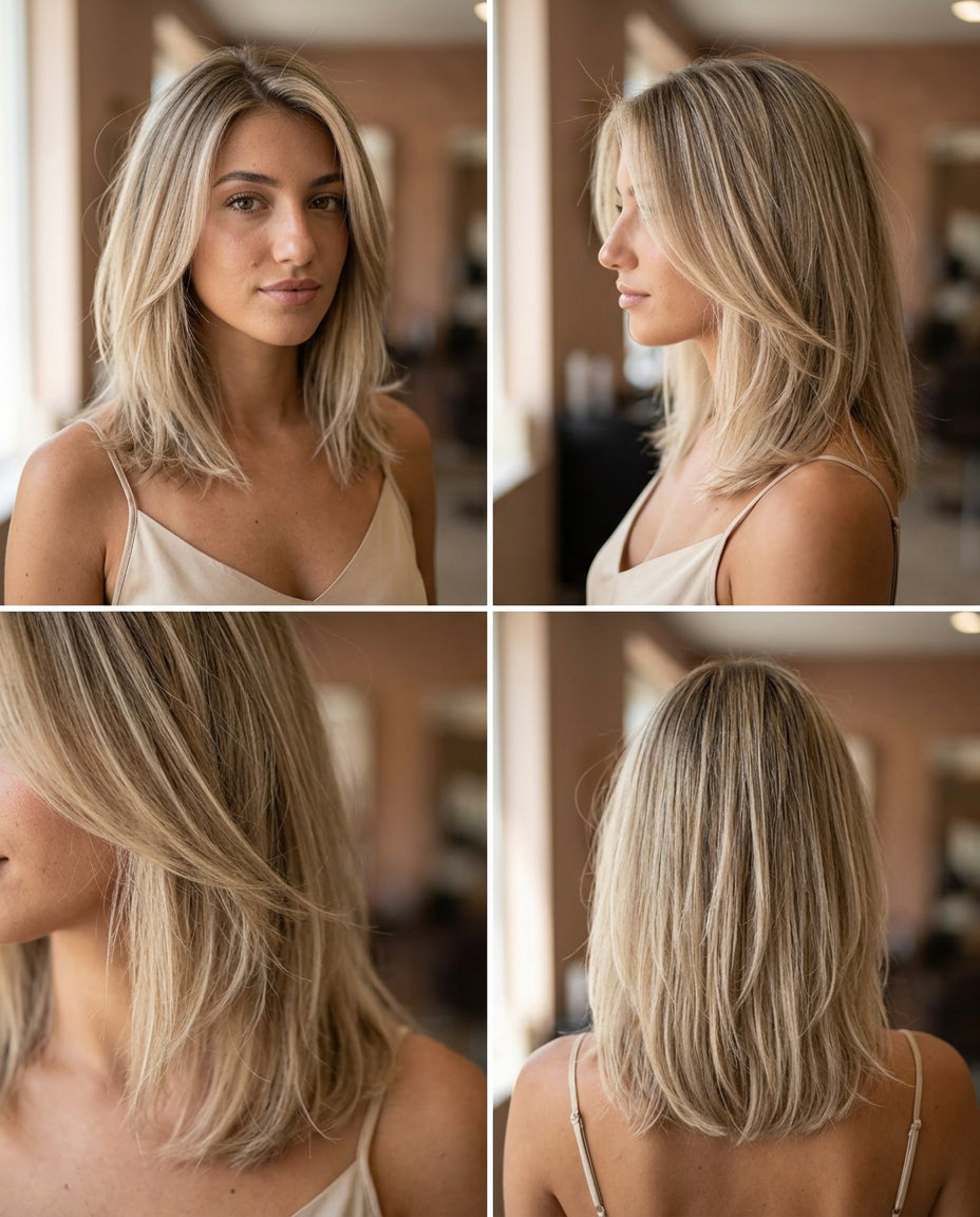 medium collarbone cut in neutral beige blonde with cream babylights, diffused piecey layers, no fringe — minimalist chic