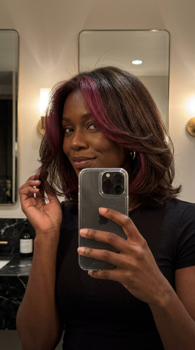 Berry Peekaboo Money Piece Hair 2026 long berry peekaboo money piece with natural brunette base