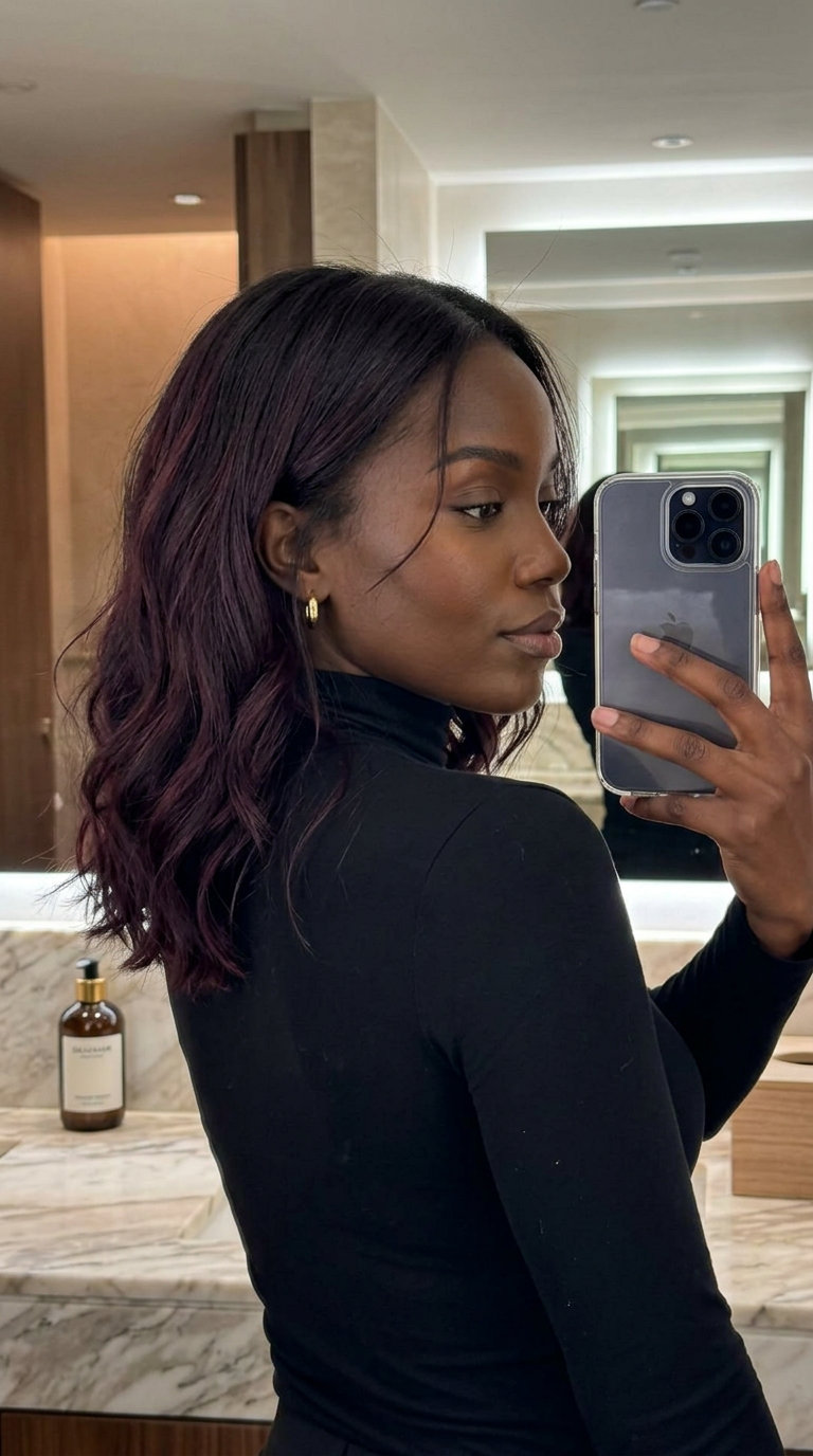 Black Cherry Balayage 2026: Sophisticated Summer long black cherry haircut with violet-red, balayage, no fringe — sophisticated summer look