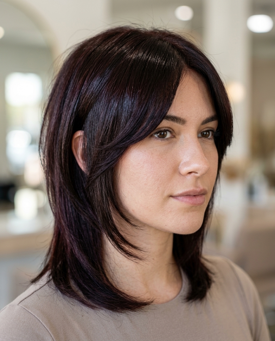 long black cherry mullet with blunt ends and face-framing pieces for elegant