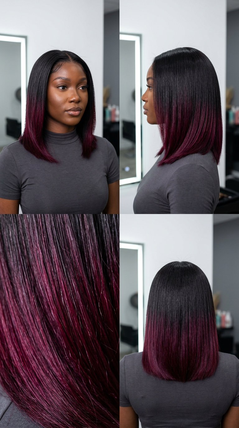 mid-length blunt cut black cherry dip-dye hair, black to red-violet gradient, no fringe — edgy festival style