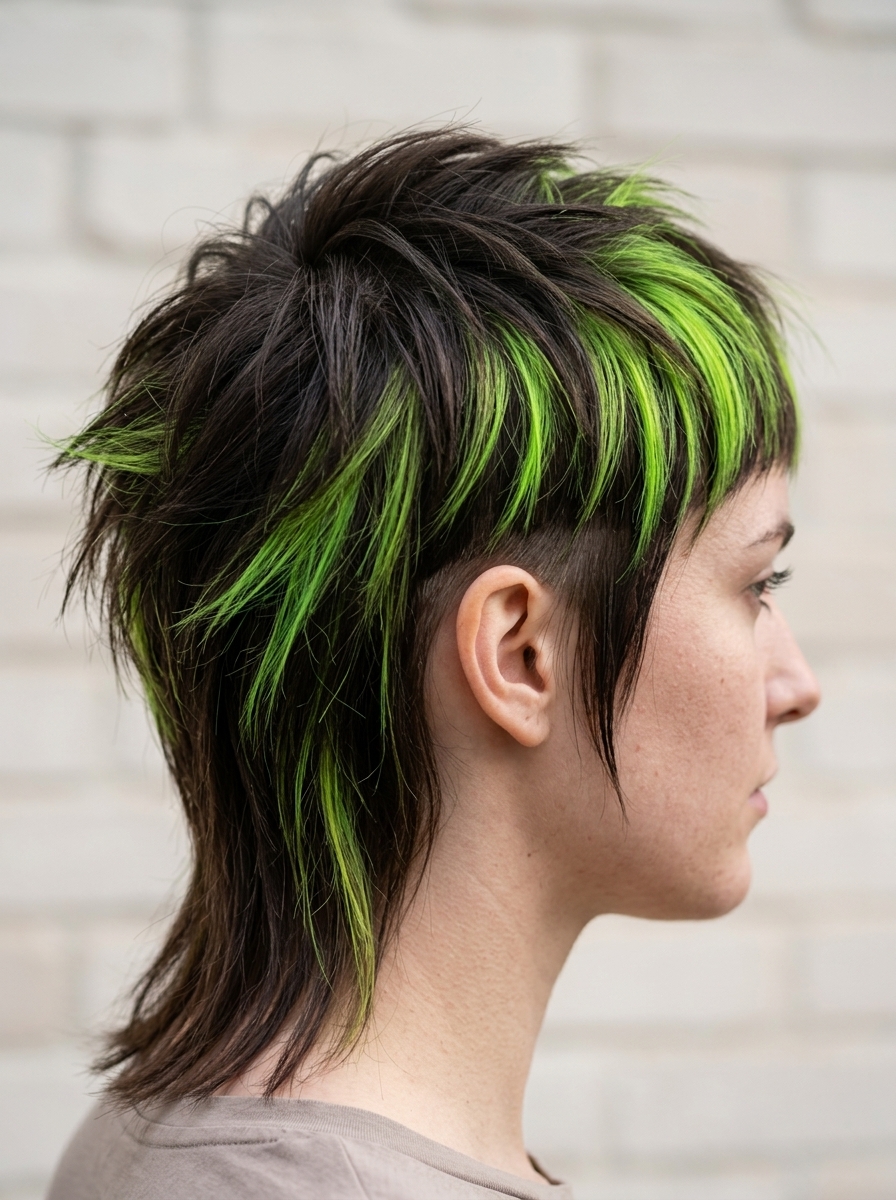 short choppy black mullet with cyber lime accents and choppy fringe for edgy