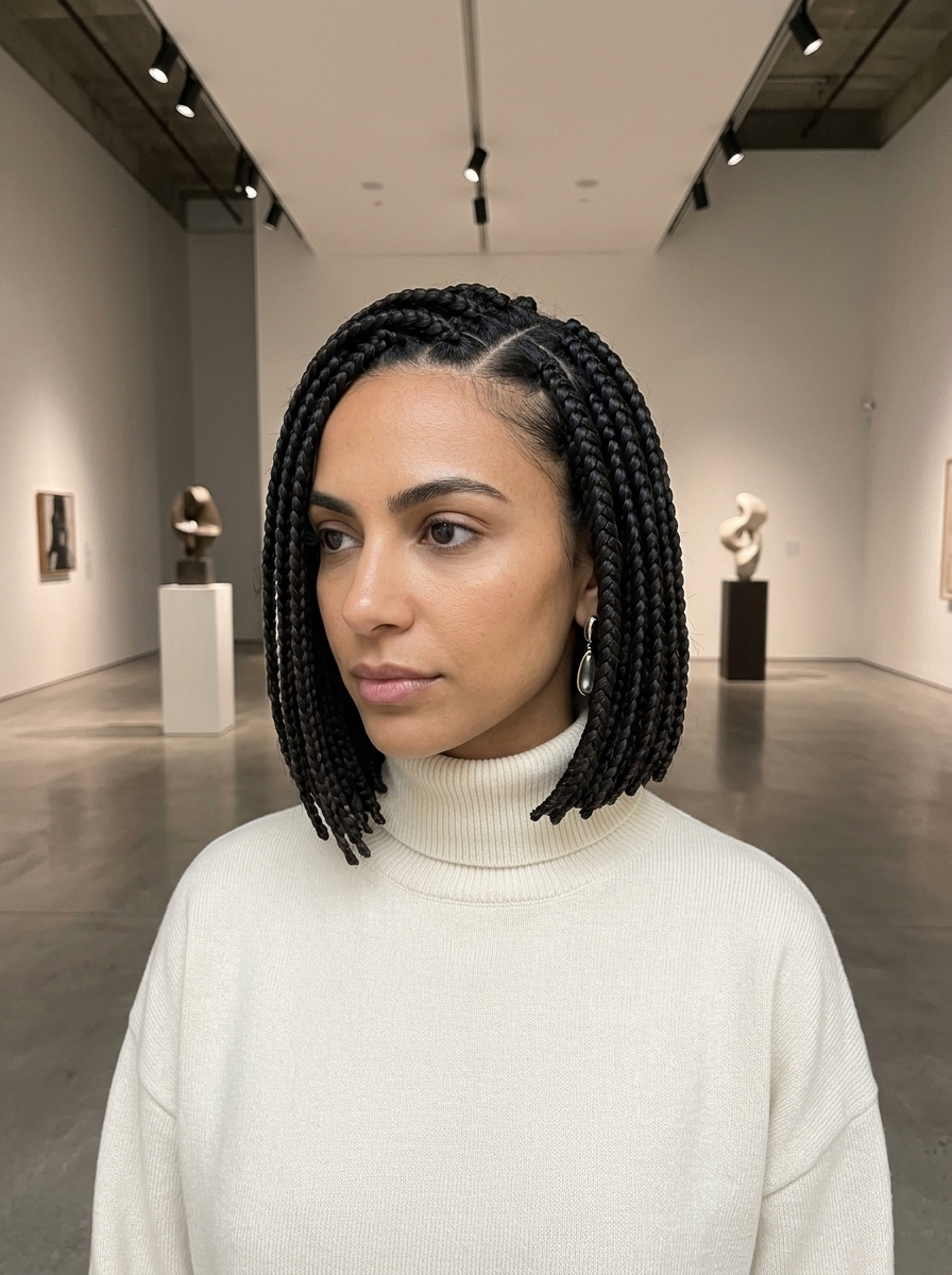 chin-length box braid bob with deep blue-black, blunt cut, no fringe — chic professional hairstyle