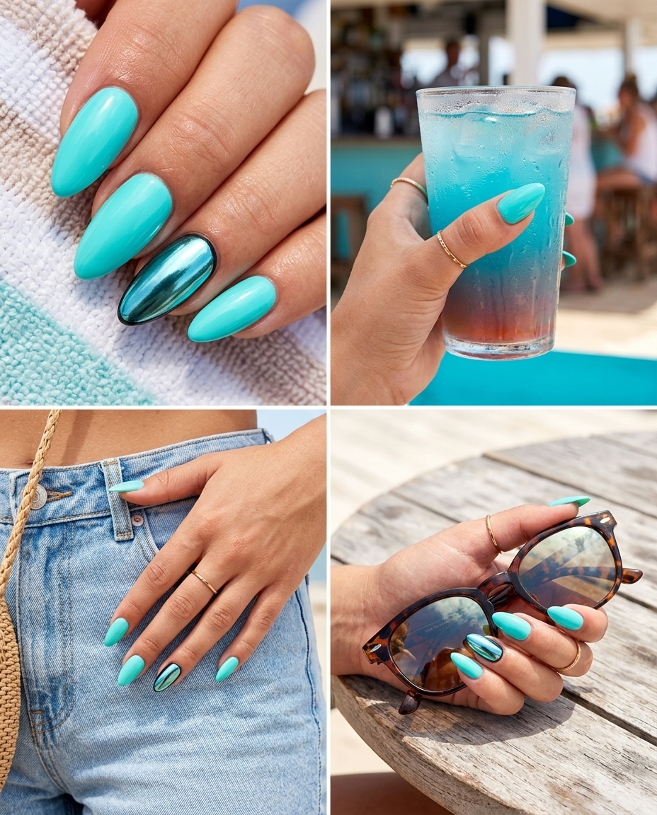 Aqua Chrome Statement Nails - Blue Summer Nails 2026 Aqua Chrome Statement nails for blue summer nails 2026. Futuristic festival and party style.