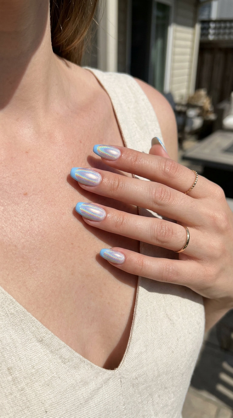Holographic French Nails - Blue Summer Nails 2026 Holographic Sky Tip French nails with blue summer nails 2026 trend. Playful, futuristic festival style.
