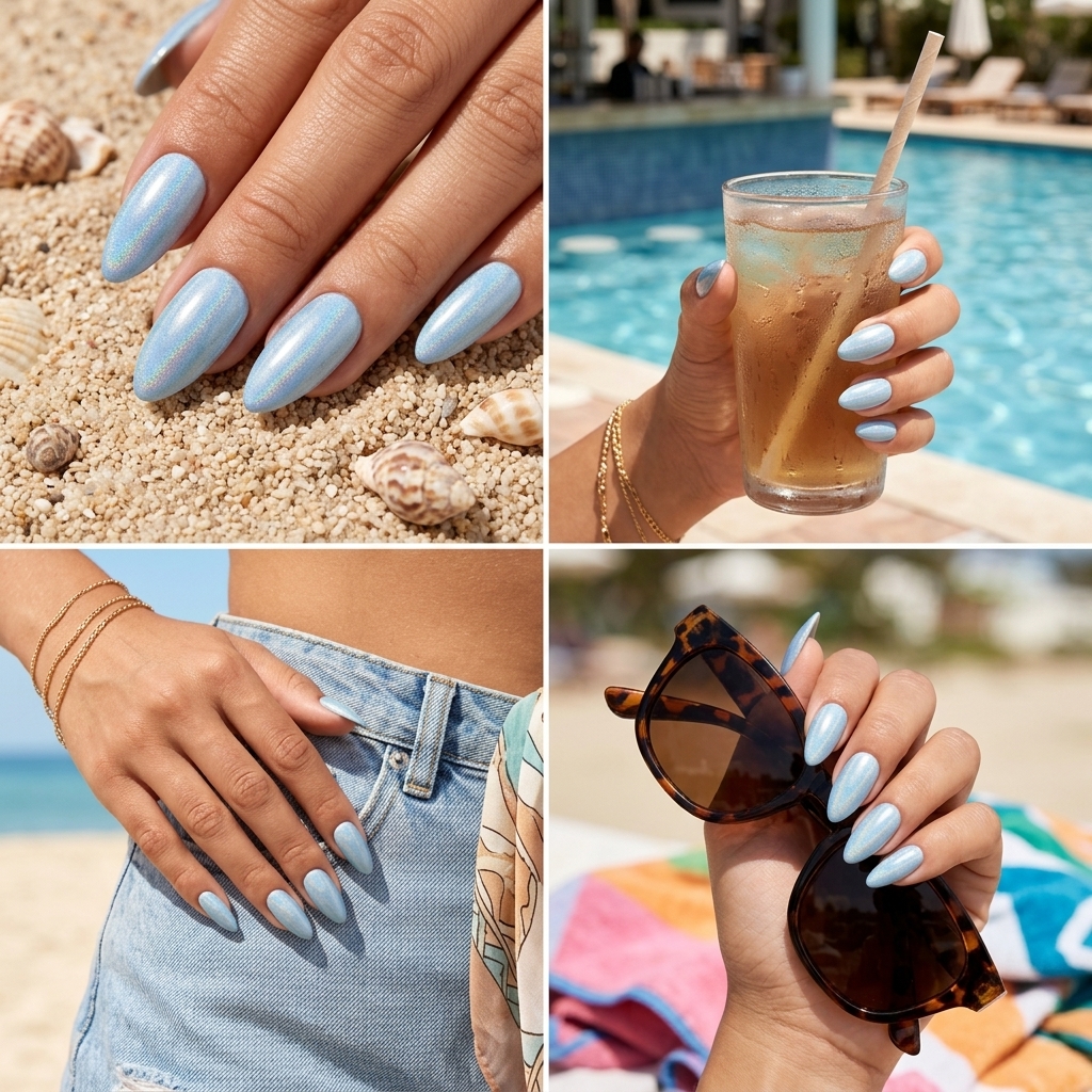 Holographic Sky: Blue Summer Nails 2026 Holographic sky blue almond nails. Dreamy blue summer nails 2026 for vacations.