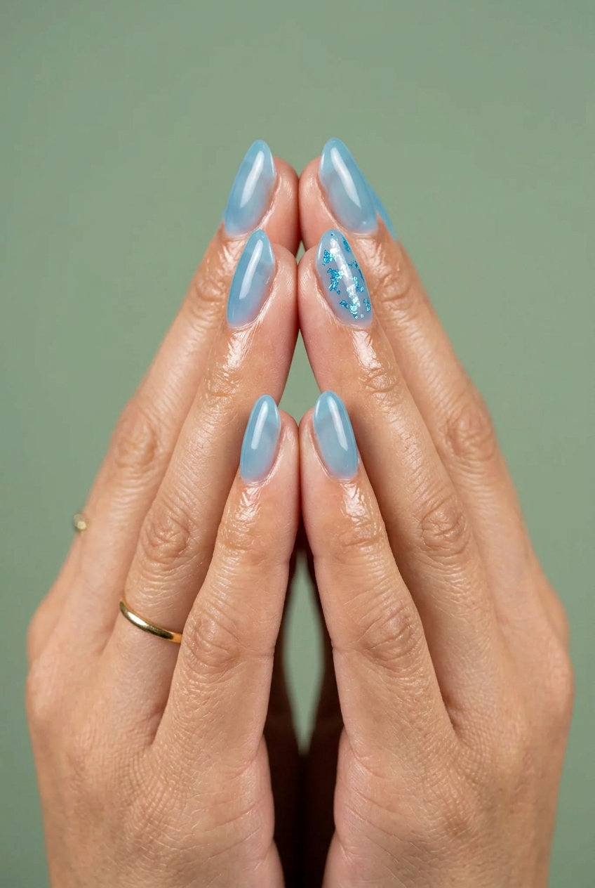 Ice Blue Jelly Accent - Blue Summer Nails 2026 Ice Blue Jelly Accent Nail for blue summer nails 2026. Playful beach party and festival style.