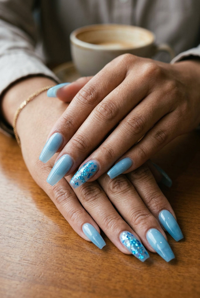 Ice Blue Jelly Nails 2026 | Vacation Style Ice blue jelly nails with blue foil flakes for vacation and beach days. Blue summer nails 2026.
