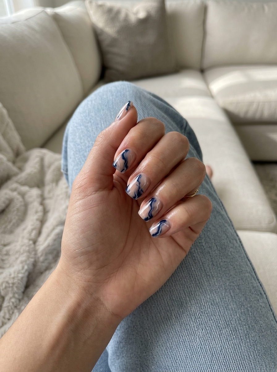 Navy Marble Flow Nails - Blue Summer Nails 2026 Navy Blue Abstract Marble Flow nails for blue summer nails 2026. Sophisticated business casual style.