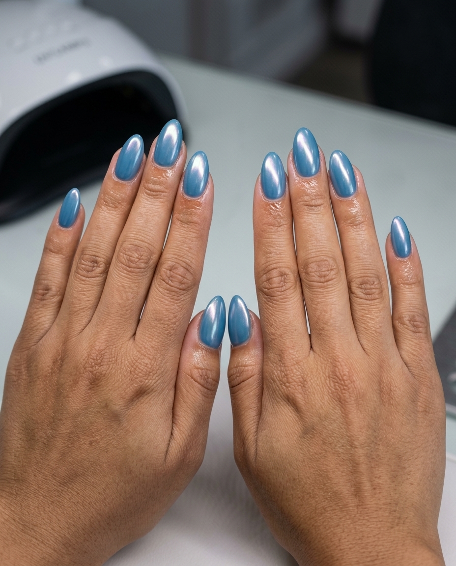 Ocean Glazed Donut Nails - Blue Summer Nails 2026 Ocean Glazed Donut Almond nails for blue summer nails 2026. Sophisticated date night and party style.