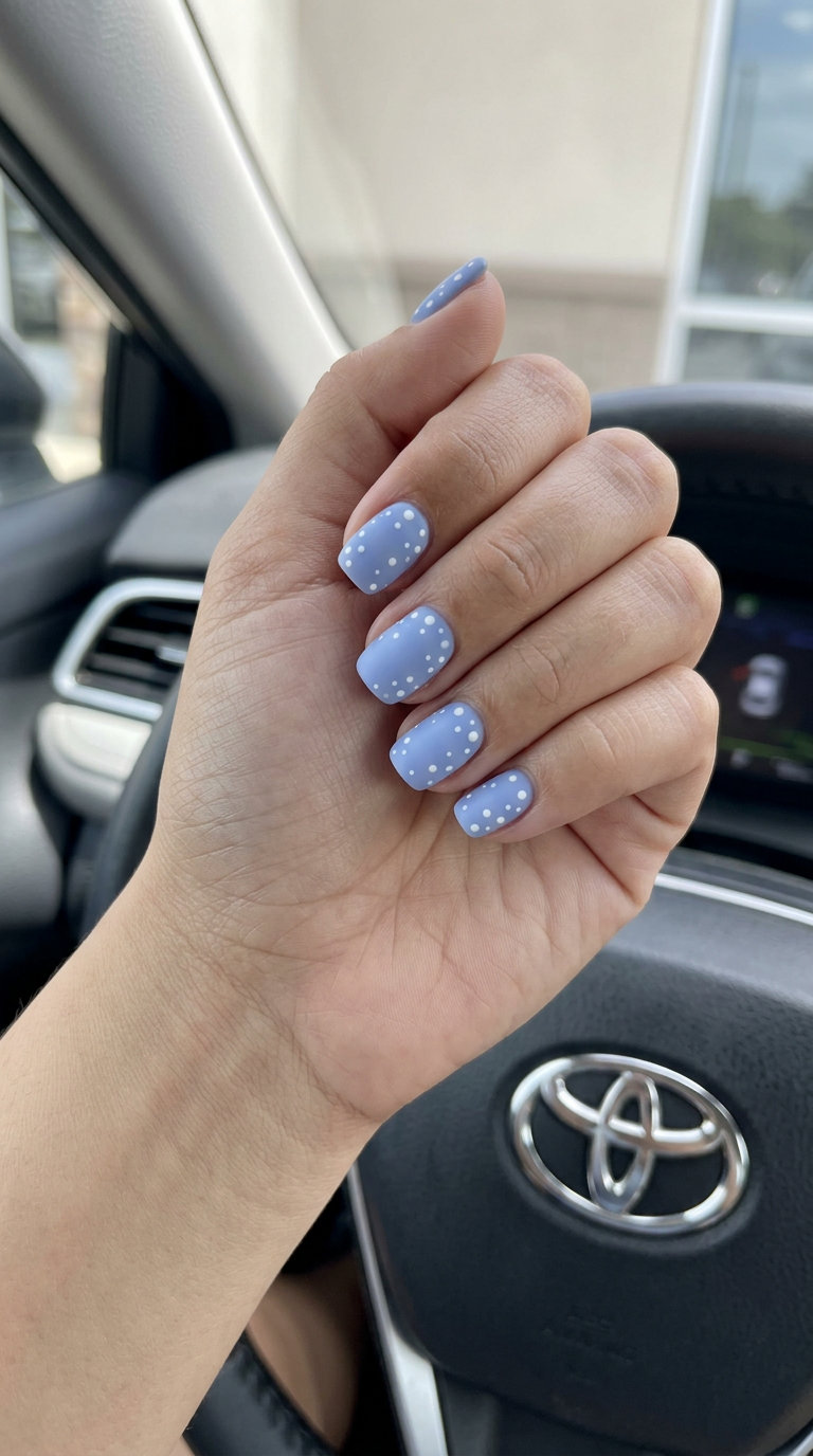 Periwinkle Matte Dots: Blue Summer Nails 2026 Periwinkle matte dots on short square nails. Cute blue summer nails 2026 for casual weekend or picnic wear.