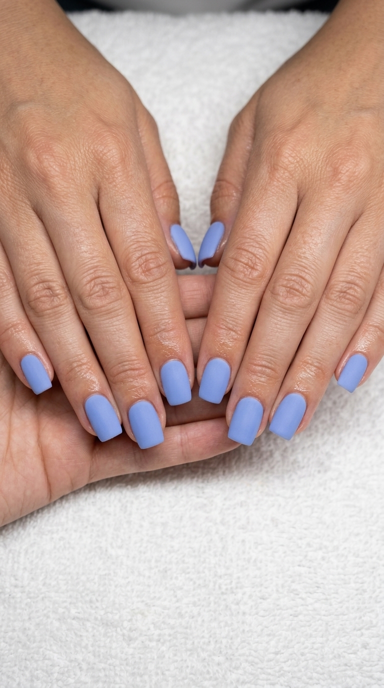 Periwinkle Velvet Nails 2026 | Chic Office Style Periwinkle blue velvet matte nails for sophisticated daily wear. Blue summer nails 2026.