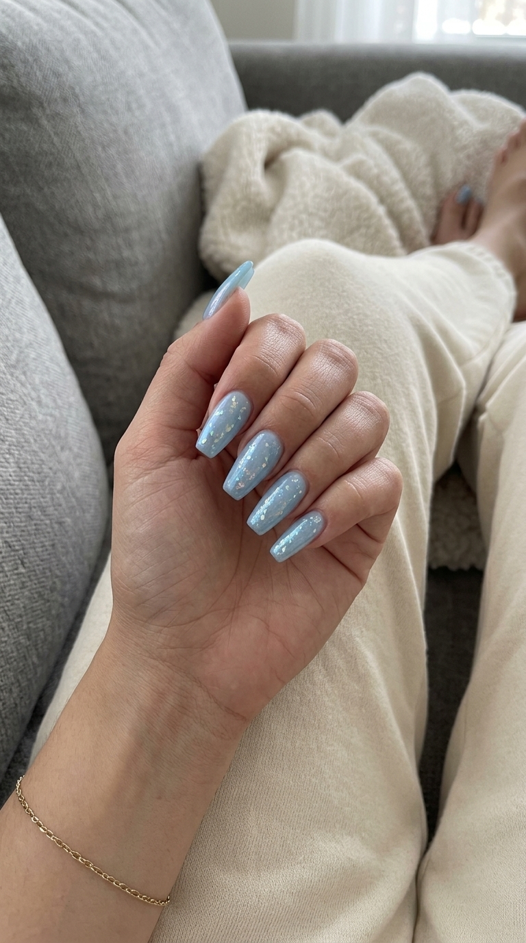 Sky Blue Foil Nails 2026 | Summer Vacation Vibes Soft sky blue nails with iridescent foil flakes for summer vacation. Blue summer nails 2026.